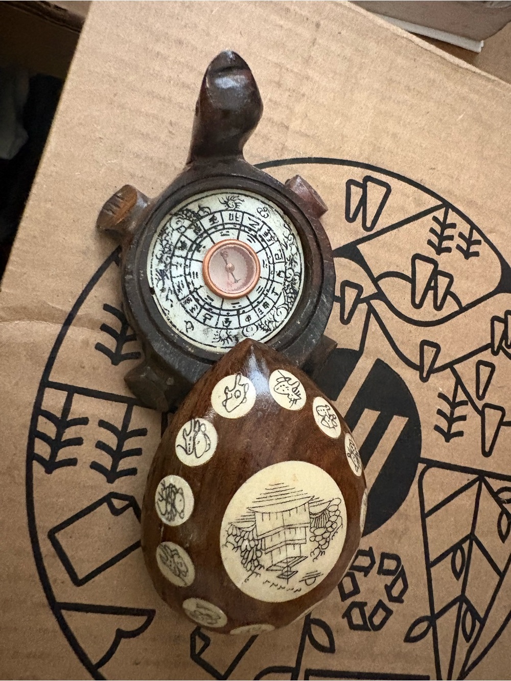 Vintage Carved Wood Chinese Zodiac Turtle Compass Figurine Decor